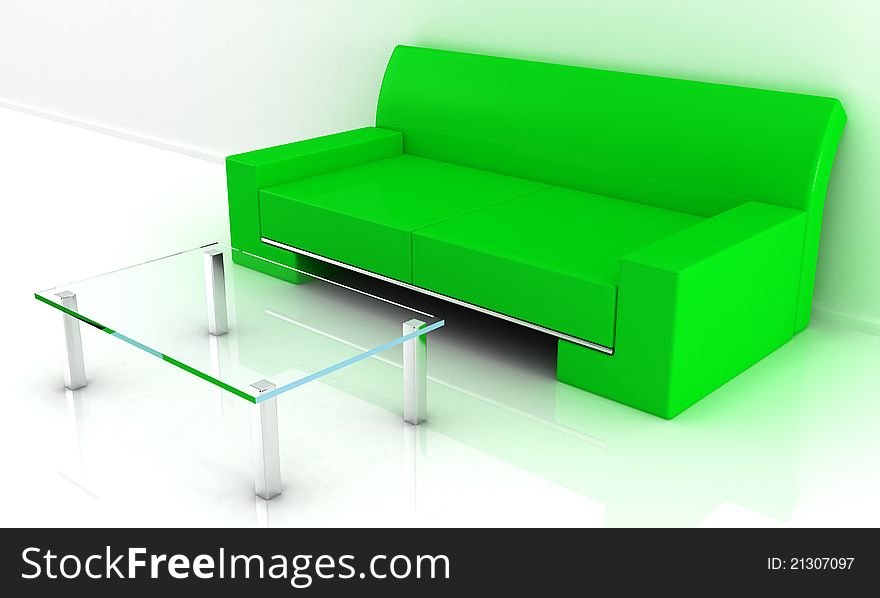 Model of a sofa with a table in a light room. Model of a sofa with a table in a light room