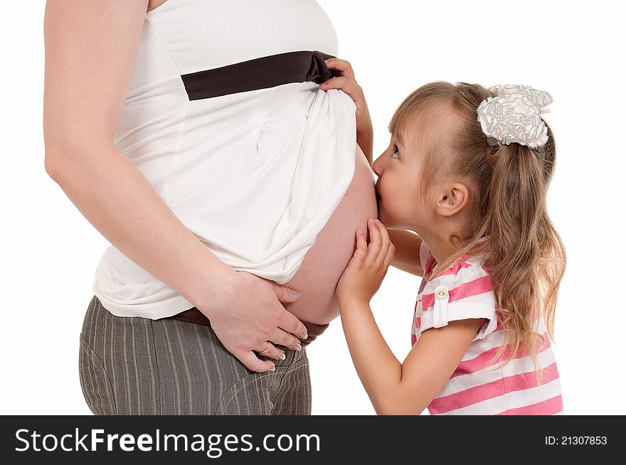 Pregnant women with her daughter - isolated over a white background. Third trimester. Pregnant women with her daughter - isolated over a white background. Third trimester.