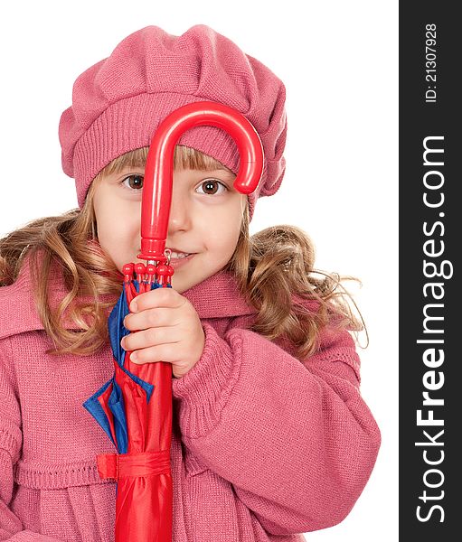 Portrait of a pretty little girl with umbrella. Isolated on white background.