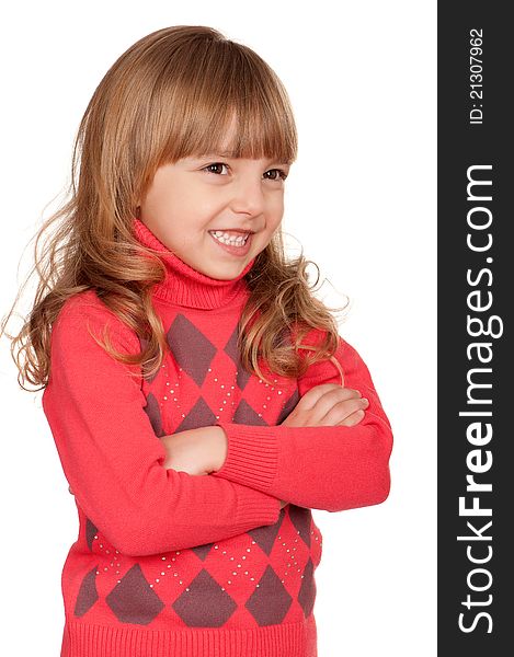 Portrait of a pretty little girl in sweater on white background