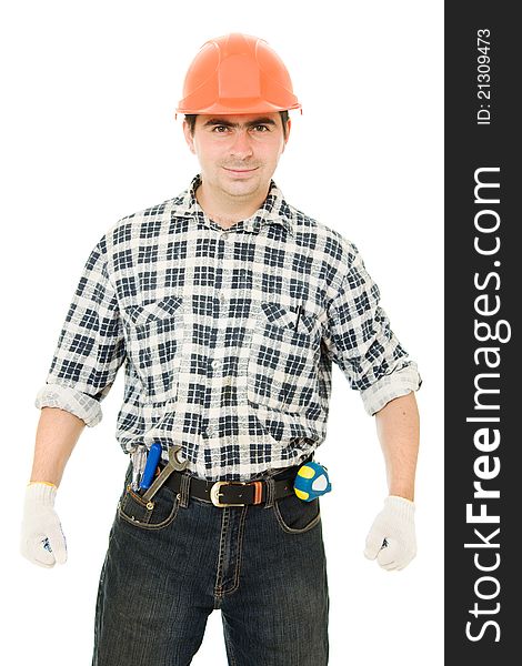Successful worker in a helmet on a white background.