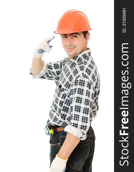 Successful worker in a helmet on a white background.