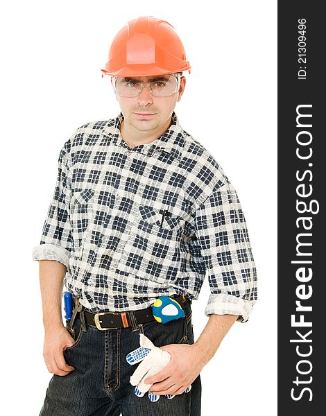 Worker in a helmet on a white background.