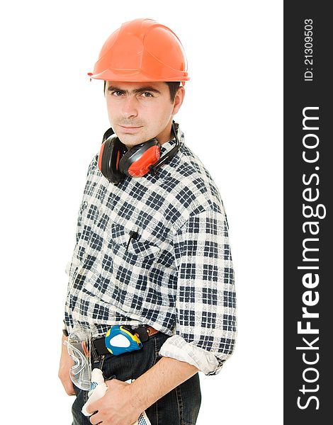 Worker in a helmet on a white background.