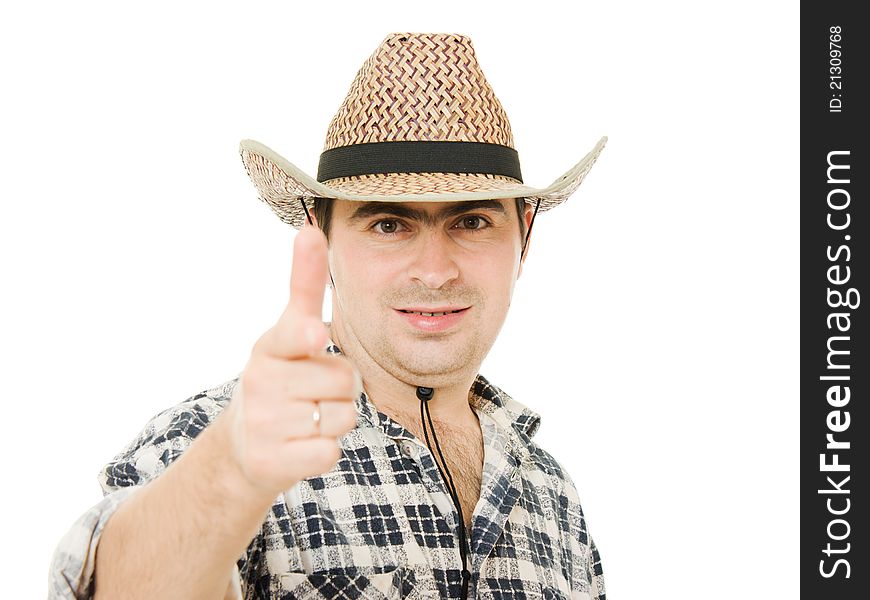 Cowboy indicates the direction on a white background. Cowboy indicates the direction on a white background.