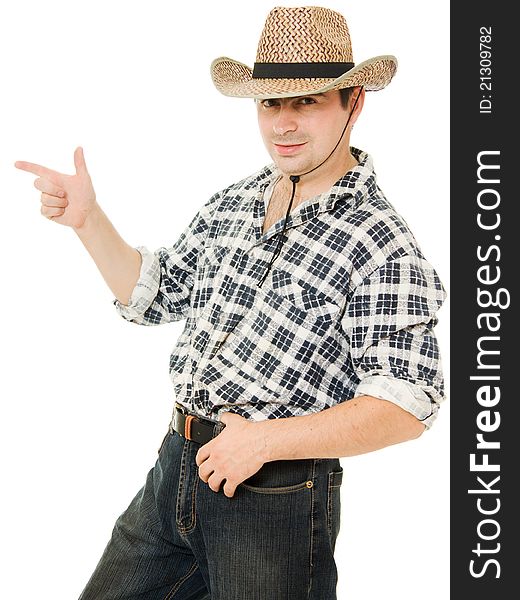 Cowboy indicates the direction on a white background. Cowboy indicates the direction on a white background.