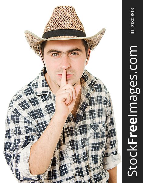 Cowboy shows the silence on white background.