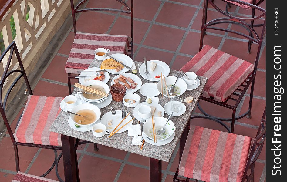 A table left after having breakfast in a Vietnamese hotel in Sapa town early in the morning. A table left after having breakfast in a Vietnamese hotel in Sapa town early in the morning.