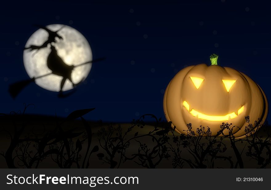 3D image of a pumpkin jack-o-lantern and a witch in the background. 3D image of a pumpkin jack-o-lantern and a witch in the background