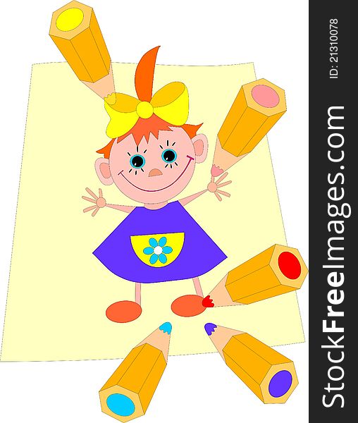 Color pencils draw the girl on a sheet of paper. This is illustration. Color pencils draw the girl on a sheet of paper. This is illustration.