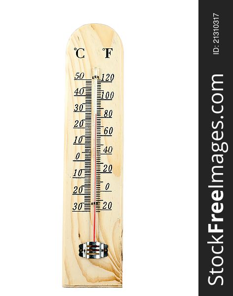 Wooden thermometer isolated on white background.