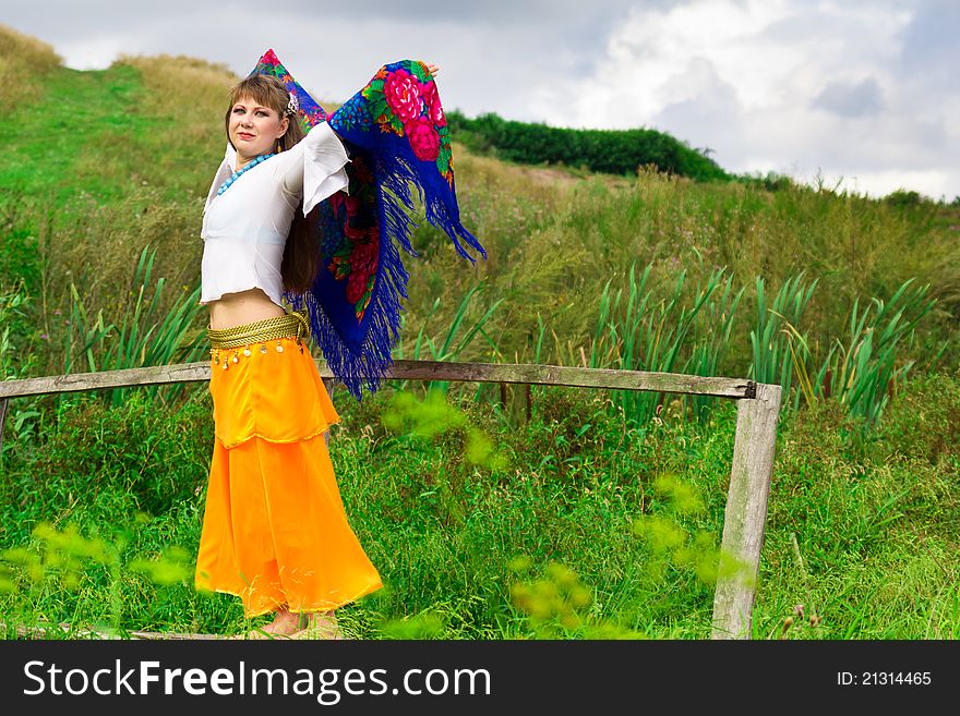 Beautiful russian girl with shawl outdoor