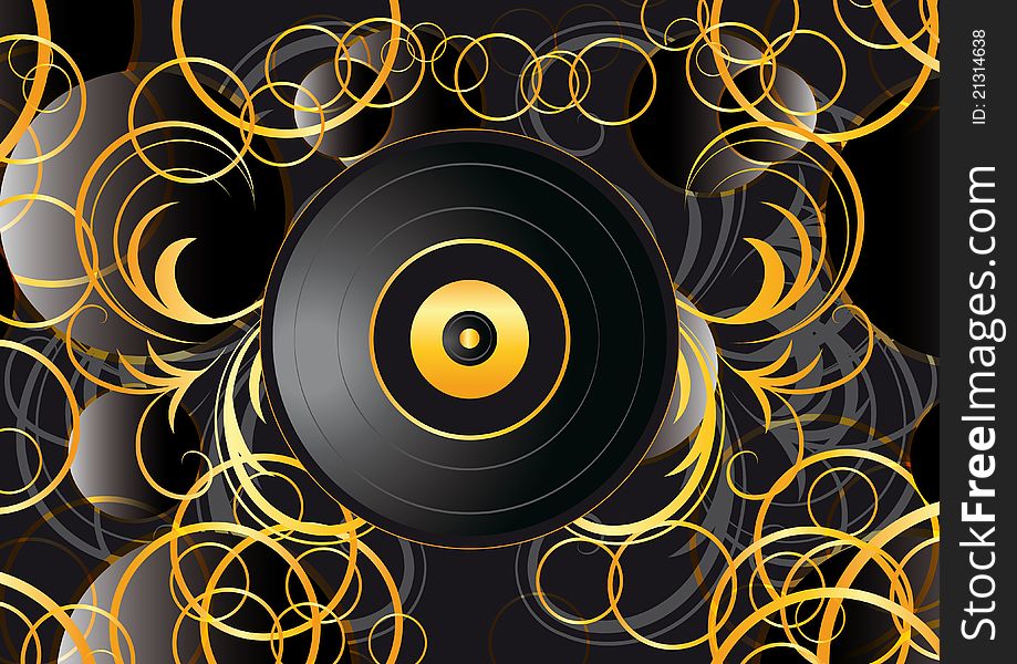 Vinyl record abstract background in black with gold circles