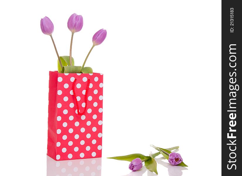 Three purple tulips in a little shopping bag isolated over white background