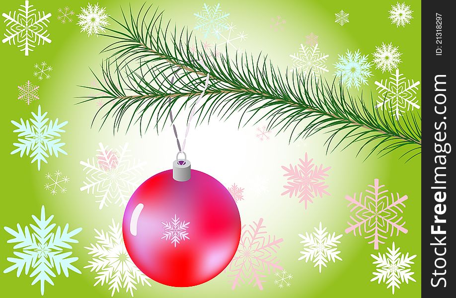 Christmas tree branch with a toy on a green background with snowflakes. Christmas tree branch with a toy on a green background with snowflakes