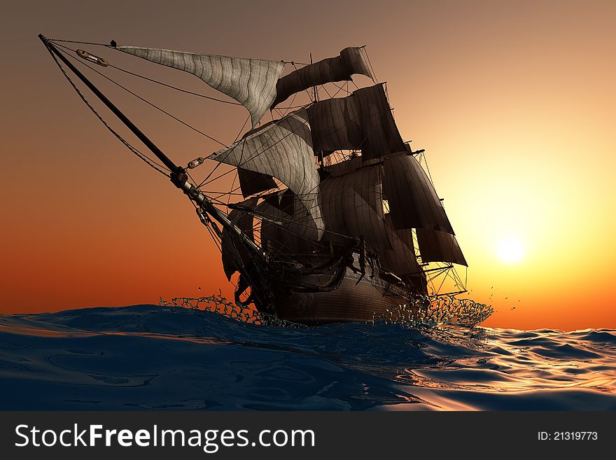 Antique sailing ship at sea. Antique sailing ship at sea.