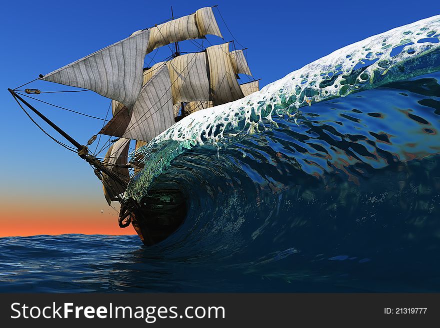 Antique sailing ship on a colorful wave of the sea. Antique sailing ship on a colorful wave of the sea.