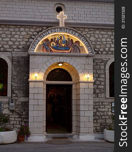 Entrance in Greek church in Nidri, Lefkada, Greece