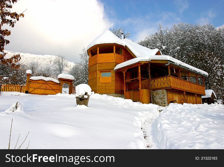 A cabana in Transylvania on a winter day