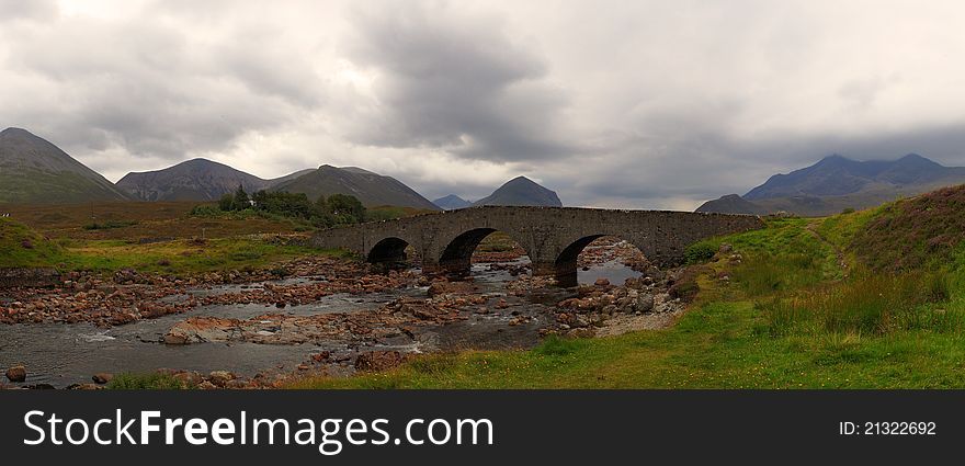 Bridge on Sligachan with Cuillins Hills to the fund. Isle of Skye, Scotland