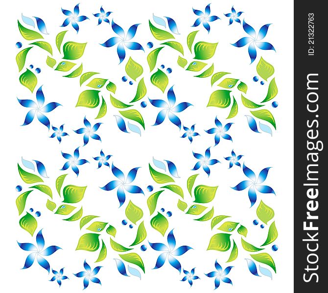 Ornament with green foliage and blue flowers, vector. Ornament with green foliage and blue flowers, vector