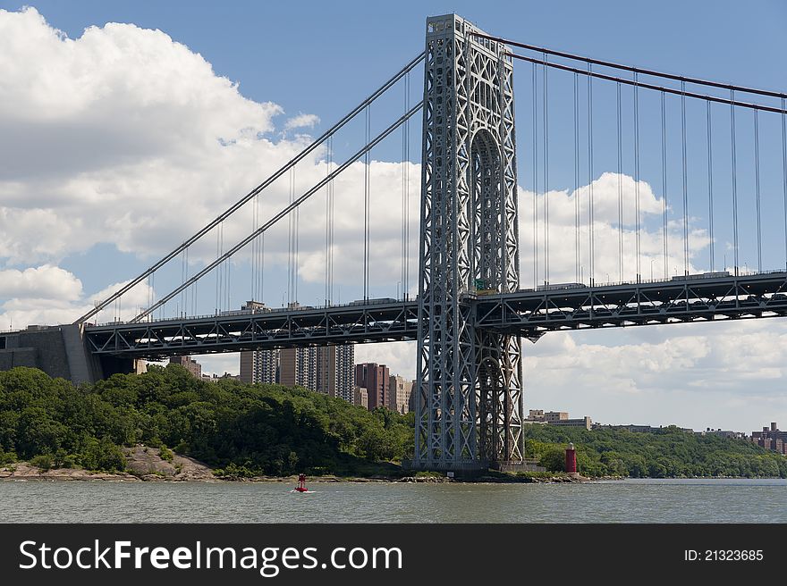 The George Washington Bridge spans across the Hudson River.