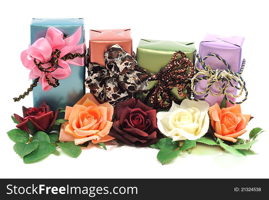 Many Gifts and roses, on a white background. Many Gifts and roses, on a white background