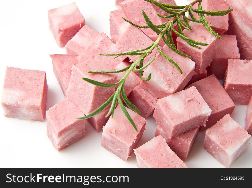 Fresh mortadella on white background