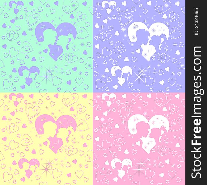 Background for Valentine's Day, silhouettes kiss a girl and a guy in a frame of hearts in the stars. Background for Valentine's Day, silhouettes kiss a girl and a guy in a frame of hearts in the stars