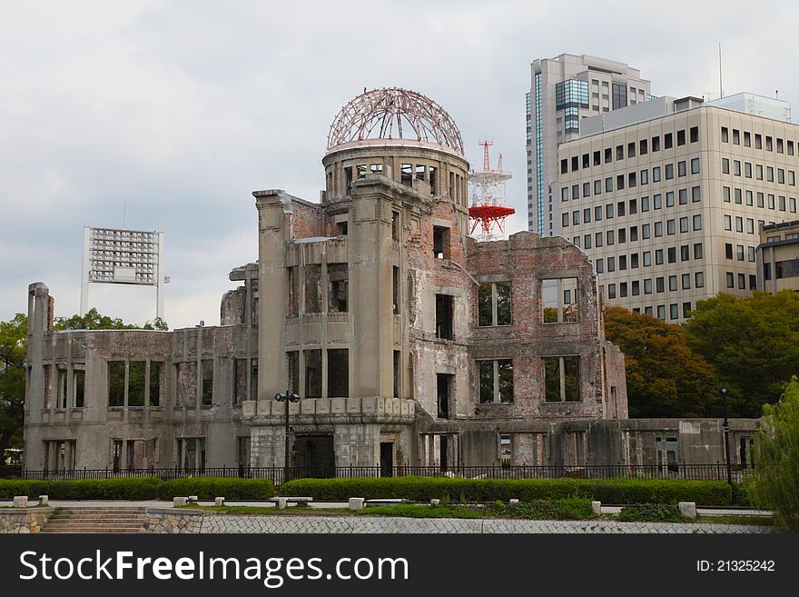 View from across the river of A-Bomb dome in Hiroshima. View from across the river of A-Bomb dome in Hiroshima.