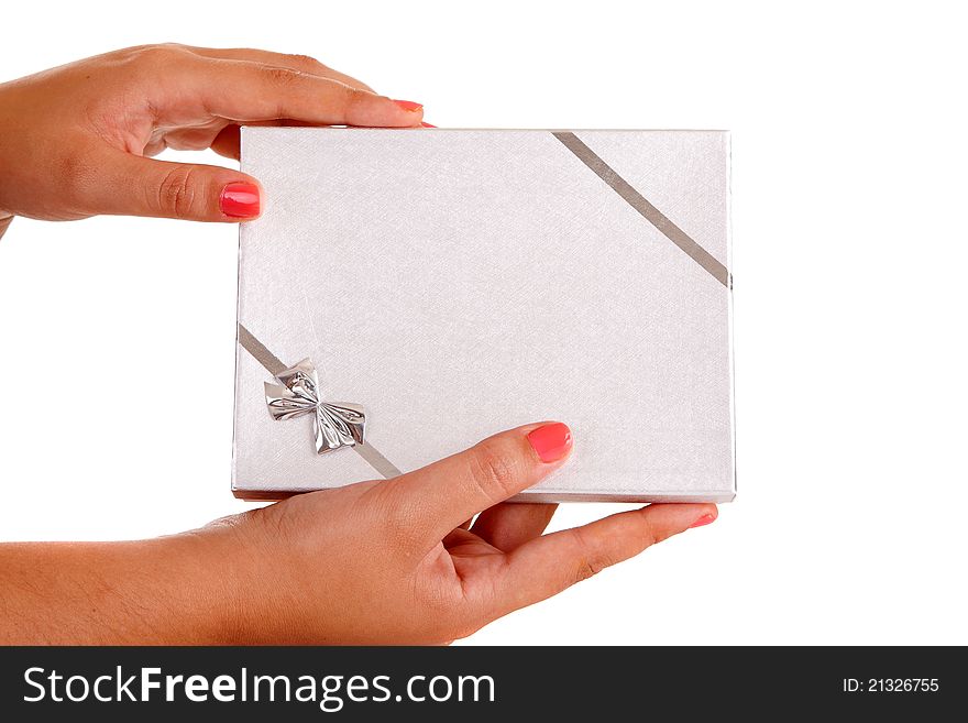 Woman holding beautiful gift, isolated over white