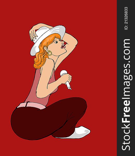 Illustration of country singer in performance, singing with siting pose on the floor in retro style. Illustration of country singer in performance, singing with siting pose on the floor in retro style