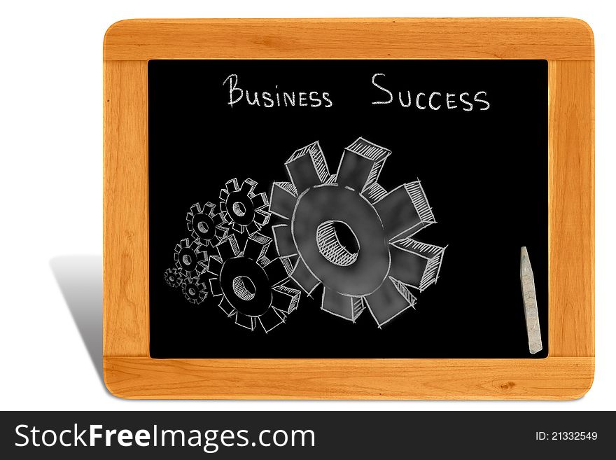Drawing gears on black board wooden frame isolated on white background, business success concept.