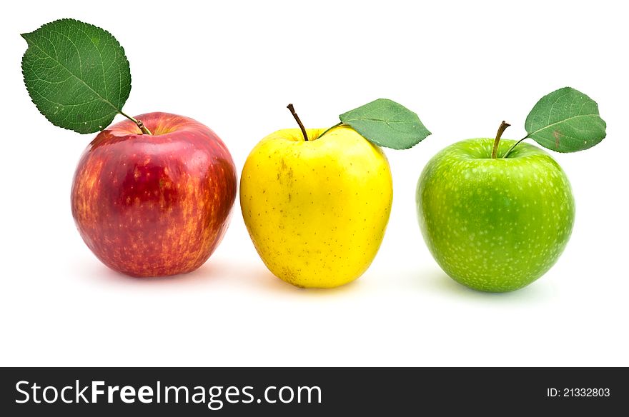 Apples with green leaf on white background