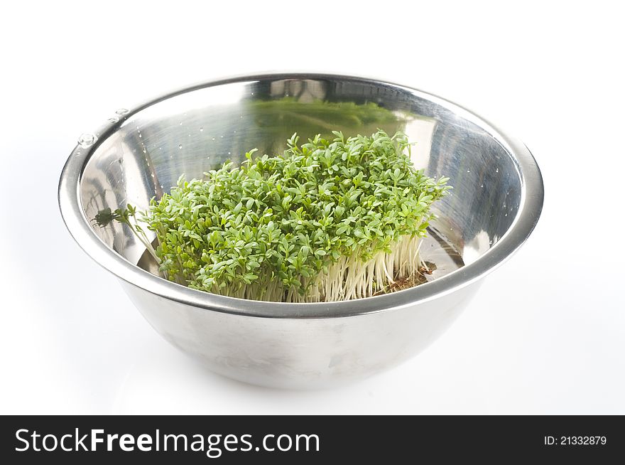 Fresh raw green cress in a metal bowl over white background