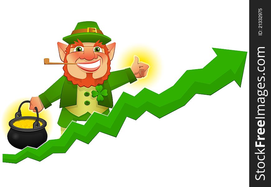 Lucky leprechaun with business prosperity arrow