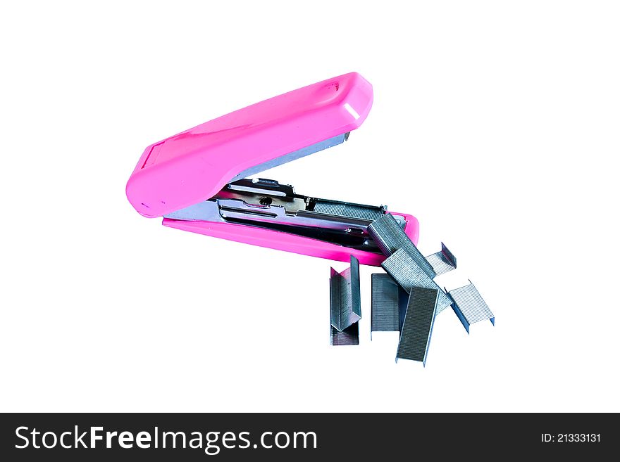 Pink stapler and staples isolated on white