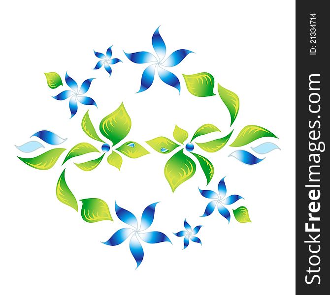 Element of an ornament with green foliage and blue flowers, vector. Element of an ornament with green foliage and blue flowers, vector