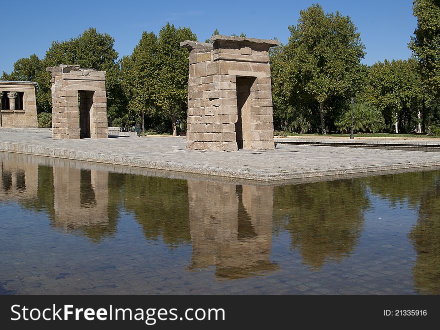 Egyptian temple in Madrid reflected in water