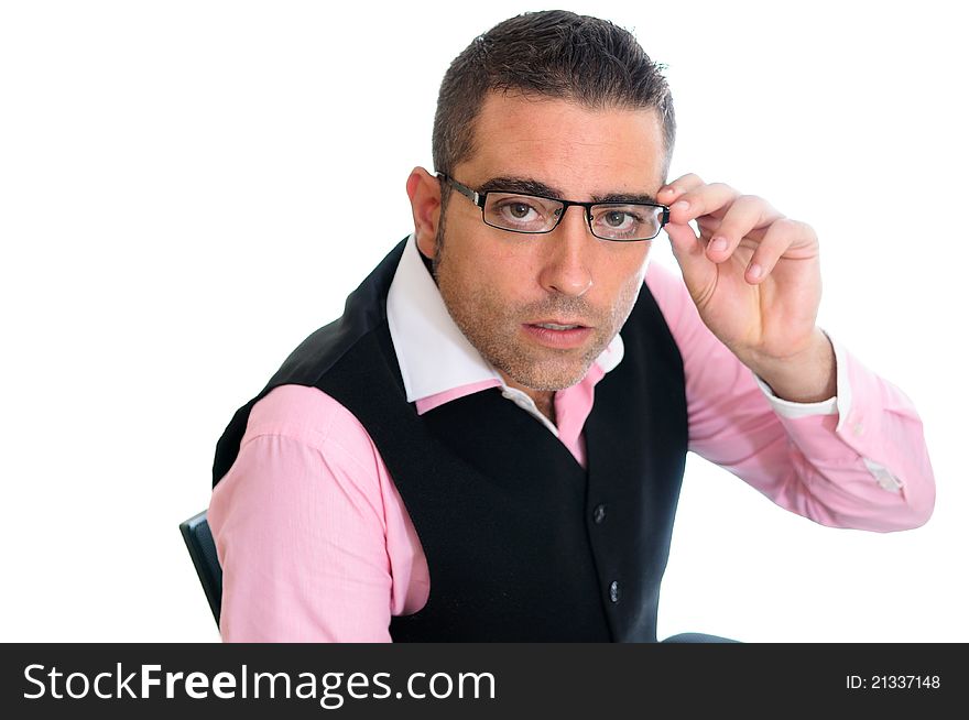 A business man with glasses on white background. A business man with glasses on white background