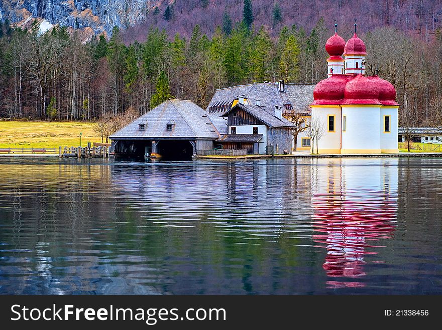 Saint Bartholomew church on Konigsee lake south of Munich, Germany. Saint Bartholomew church on Konigsee lake south of Munich, Germany