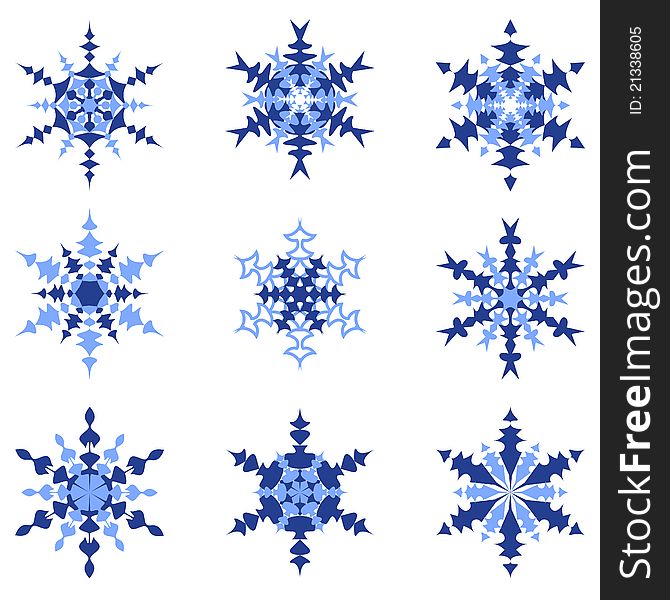 Vector set of blue snowflakes isolated on a white background. Vector set of blue snowflakes isolated on a white background.