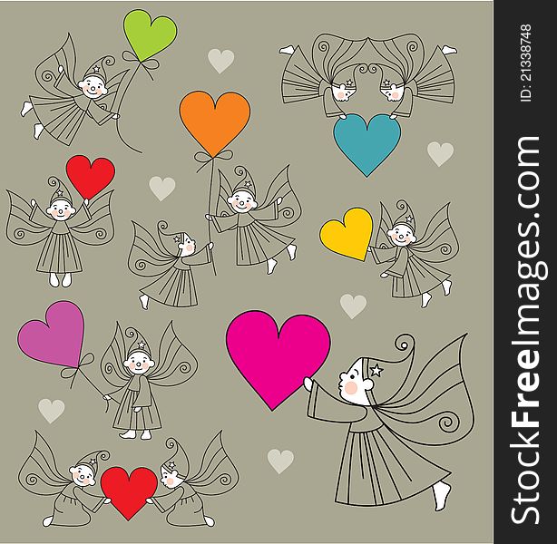 Set editable and scalable vector elves with hearts. Set editable and scalable vector elves with hearts