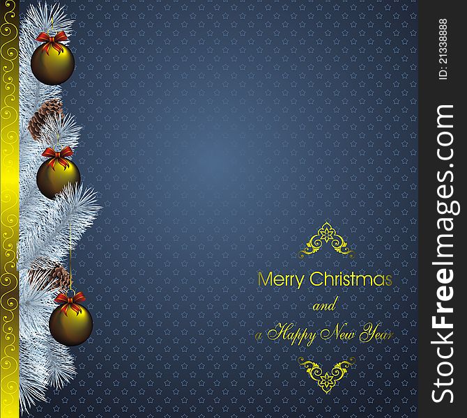 New year card with blue fir and golden christmas decorations. New year card with blue fir and golden christmas decorations