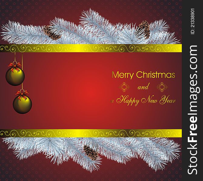 New year card with blue fir and golden christmas decorations. New year card with blue fir and golden christmas decorations