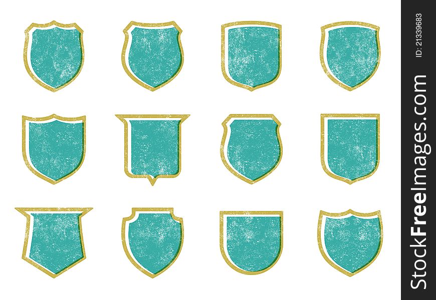 A set of distressed shield icons. A set of distressed shield icons