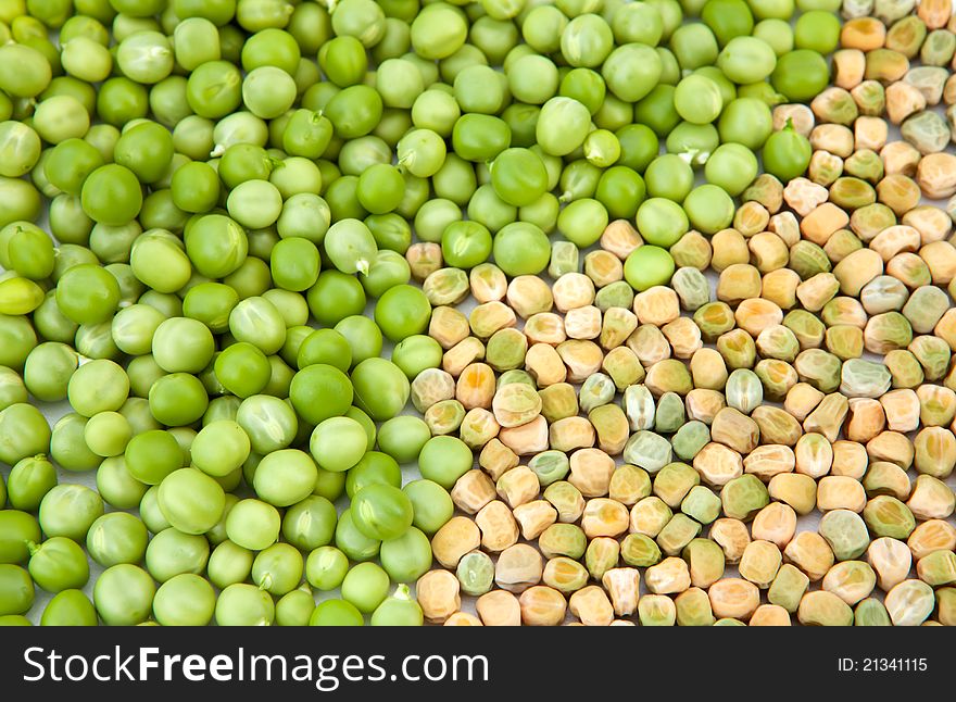 Mix of fresh green peas and yellow dried peas. Mix of fresh green peas and yellow dried peas