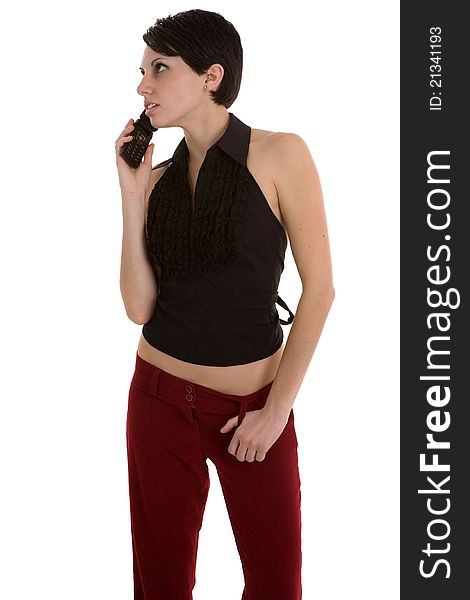 Young female fashion model in black top and red slacks on whtie background. Young female fashion model in black top and red slacks on whtie background