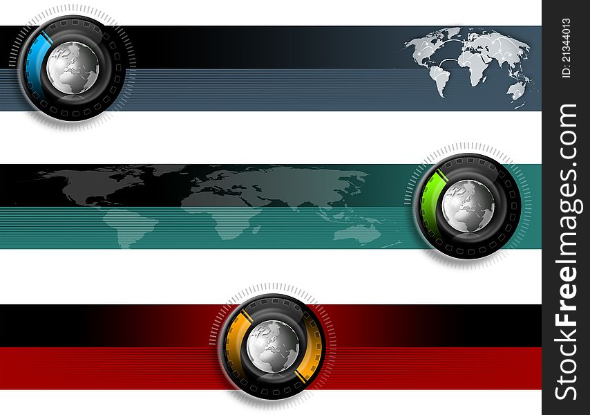 Three technological banners or backgrounds with globe and map. Three technological banners or backgrounds with globe and map