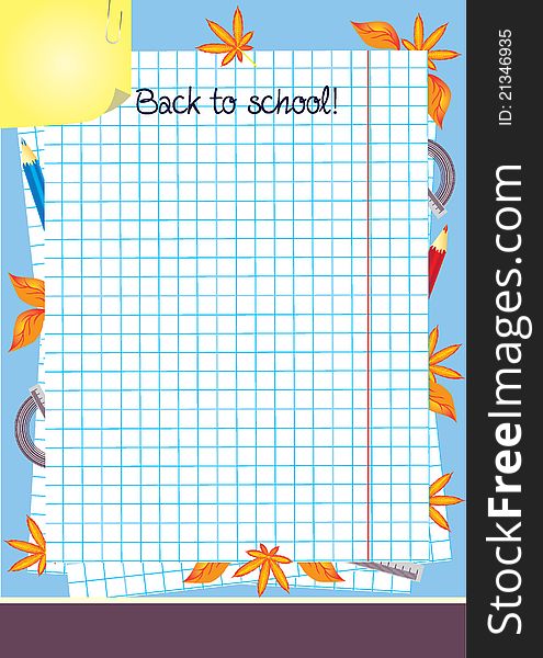 Blue Back to school template with pencil and leaves. Blue Back to school template with pencil and leaves.